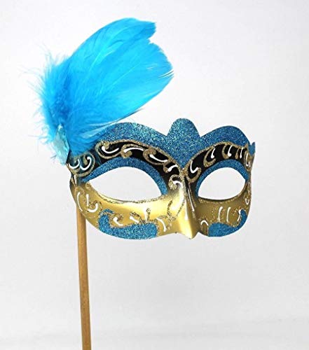 LADIES TURQUOISE WHITE & GOLD VENETIAN MASQUERADE HALLOWEEN CARNIVAL PARTY EYE BALL FEATHER MASK ON A STICK - Image 2