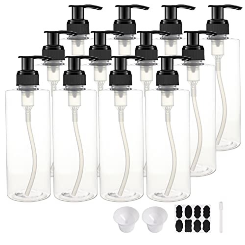 12 Pack 8 oz Plastic Pump Dispenser Bottles for Massage Oil, Shampoo, Lotions, Body Wash Pump Bottles, Cream Refillable Containers with Pump, 2 Funnel, 18 Chalk Labels
