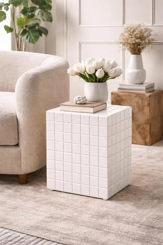 Image of Tiled Cube Accent Bedside Table Coffee Stand Home Storage Organizer for Living Room Bedroom (White, Engineered Wood)