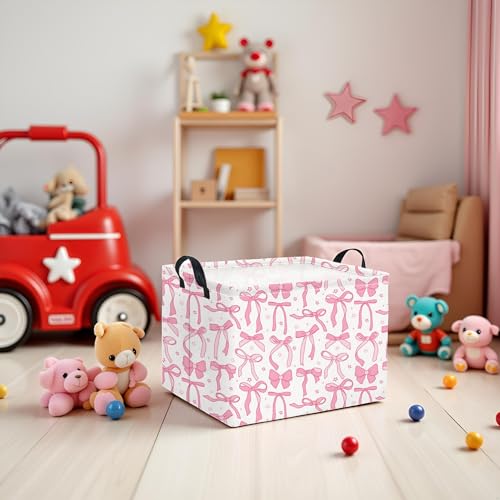 Image of Rectangular Kids Storage Basket for Home Kitchen Girls Cute Storage Bin Organizer Shelf Book Room Decor(Pink Bowknot)