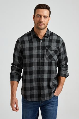 HISDERN Men's Casual Flannel Checked Plaid Shirts with Pockets Regular Fit Cotton Lumberjack Shirt Long Sleeve Black L - Image 3