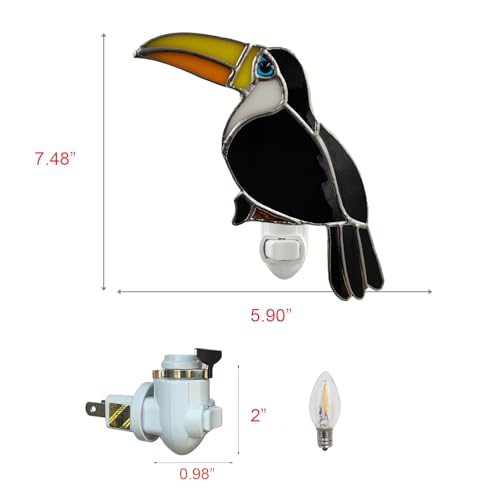 Image of CHEZBABY Stained Glass Toucan Bird Night Light | Art glass shade,Energy-saving LED bulb,Plug-in with on /off switch,Artistic charm for bedroom,hallway,living room,kitchen.