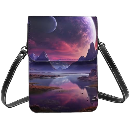 Sac à bandoulière en cuir violet motif planète avec sangle réglable