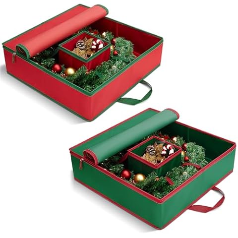 24inch+24inch, Red+Green MaidMAX Christmas Wreath Storage Container, Hard Shell Wreath Storage Bag with Inner Pocket, Sturdy Handles and Zippers, 600D Oxford Holiday Ornament Wreath Storage Box (2pcs) Cover