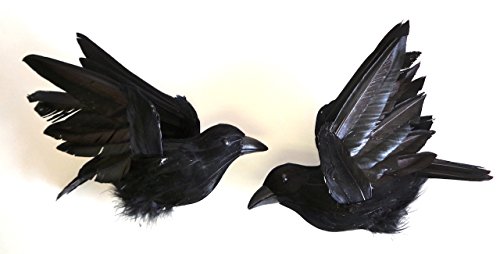 Black Feathered Medium Flying Halloween Crows; 2 Pack; With Heavy Duty Clip, 7 1/2 Inches