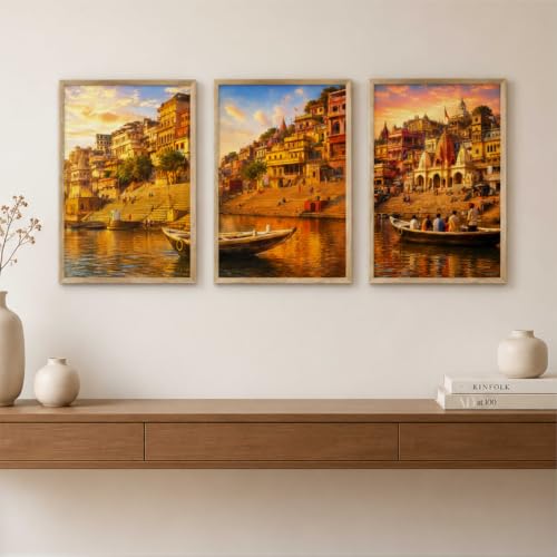 Image of Livin'luxe Set of 3 Banaras Ghat Wall Paintings for Living Room Bedroom Hallway Home Decor with Premium Wooden Color Synthetic Frame (13.5 x 19.5 Inch) NM03-62
