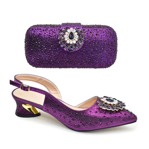Women Italian Shoes And Bag Set Full Rhinestones Slip On Dress Shoes Matching Clutch Bags Set Purple 43