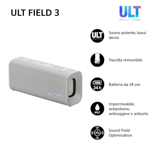 Sony ULT FIELD 3 - Speaker Bluetooth portatile con ULT POWER SOUND, batteria 24 ore, IP67, impermeabile, antipolvere, antiurto, tracolla staccabile, compatto - Bianco - Immagine 1
