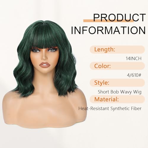 Image of AGO Short Bob Wig with Bangs Dark Green Loose Wave Wigs Shoulder Length 14Inch for Women Colorful Costume Wig Heat Resistant Fiber Hair for Daily Party Halloween Cosplay Use(4 /610#DarkGreen)