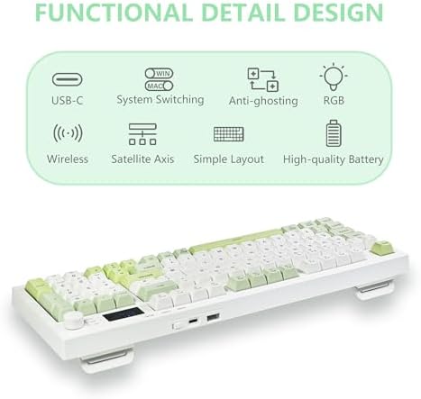 Bangsanth Wireless Keyboard, Quiet Keyboard for Work, Tri-Mode BT5.0/2.4GHz/USB-C, Creamy Keys with RGB Backlight, 94-Key, Anti-ghosting Keys, Compatible with PC, Mac, Gaming Consoles (White-Green) — view 6