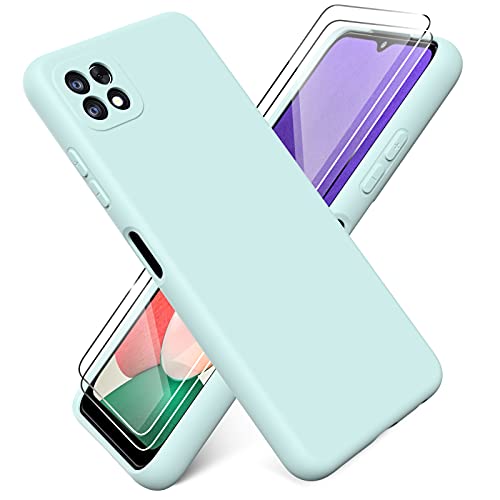 Ikziwreo - Funda para Samsung Galaxy A22 5G + [2 Pack] Protector Pantalla, Carcasa de Silicona Líquida Gel Ultra Suave Funda con tapete de Microfibra Anti-Rasguño - Verde Claro Cover