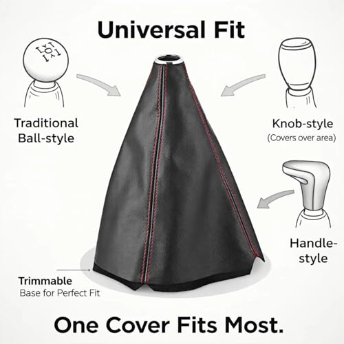 Image of Dweekiy Universal Leather Gear Shift Knob Cover - Premium Black PU with Red Stitching, Non-Slip Dust Protector for Manual Transmission Cars, Easy Install Trim to Fit