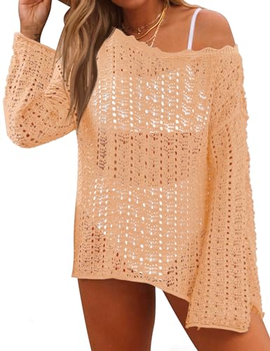 Ivicoer Mesh V Neck Bathing Suit Cover Ups for Women Long Sleeve Fishnet Beach Cover Up S-XL