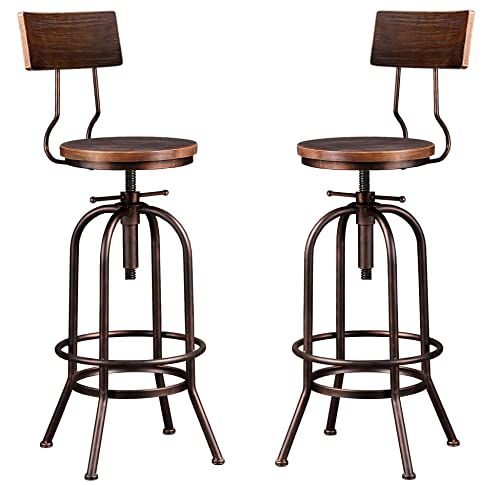 Lokkhan Industrial Bar Stool-Adjustable Swivel Round Wood Metal Kitchen Stool-26-32.3 Inch Rustic Farmhouse-Counter Height Extra Tall Bar Height Stool,Arc-Shaped Backrest,Welded,Set Of 2 #TOP8