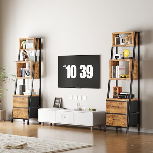 Coleshome Regał na książki, wąski, z 5 półkami, z 2 szufladami z materiału, mały regał na książki, nadaje się do sypialni, biura, salonu, kuchni, 39 x 28,5 x 157 cm, kolor retro
