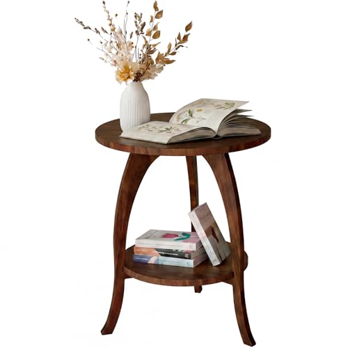 Delywh Retro Mid-Century Modern Round Wood End Table, Solid Wood Side Table with Lower Shelf, Smalls Side Table, Small Accent Table for Small Spaces, Living Room, Bedroom & Nightstand