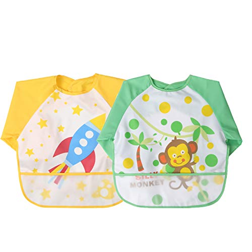 Babylaza - Babero de manga larga para niños (impermeable, 6 meses) Green monkey + yellow