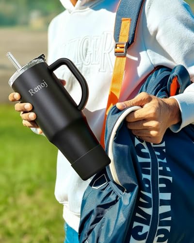 Image of Renoj Insulated Mug 100% Leak Proof Insulated Water Bottle for Iced Coffee & Hot Drinks - Fits Car Cup Holder, Ideal Gift, 2 Straws & Silicone Boot - SnapShift Black 32 oz