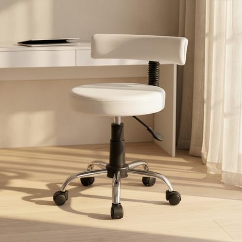 Image of DIYA Seating Chrome Rolling Study Flex Stool (1 Year Warranty) - White | Lift & Swivel Adjustable Height Salon Flex Stool w / Foot Rest, Compact Seating for Home Office Shop Study Use -(44 inchx47 inchx83 inch)