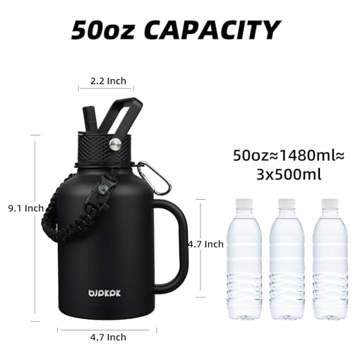 Image of BJPKPK Large Insulated Water Bottles with Straw Lid & Handle, 50oz Water Bottle with 3 Lids and Paracord Strap, Stainless Steel Metal Water Bottle, Insulated Water Jug, Black