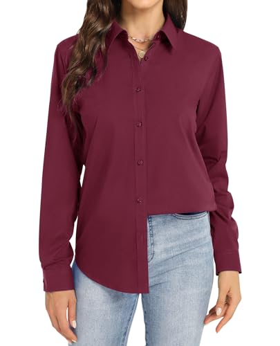 J.VER Bluse Damen Langarm Baumwolle Businesshemd V-Ausschnitt Basic Bügelfrei Shirt Button Down Casual Oberteile Burgunderrot