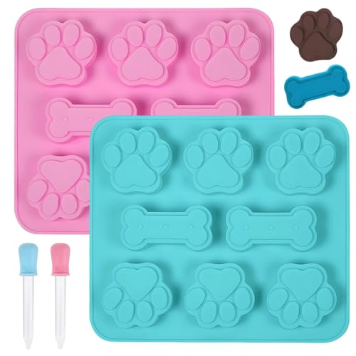 2 Stück Backmatte Hundekekse, Silikon Backmatte für Hundeleckerlies Set, Silikonform Hundeleckerli, Hundekekse Backform mit 2 Tropfer, Hundepfoten Silikonformen, für DIY Hundeleckerlies, Schokolade