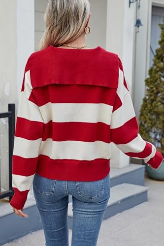 Image of D-Sun Women Striped Sweater V Neck Long Sleeve Cropped Color Block Pullover Sweater Casual Fall Winter Knit Polo Jumper Top