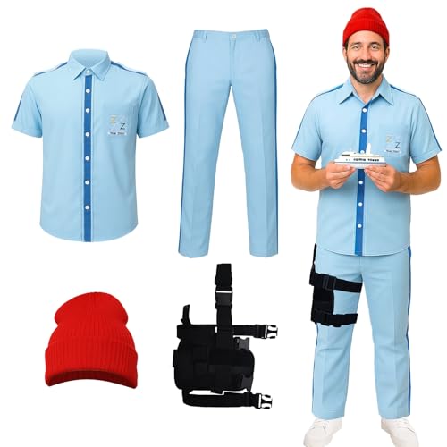FOGHORN Mens 4PCS Aquatic Life Costume Steve Zissou Team Outfit Shirt Pants Red Beanie Holster Set Halloween Cosplay Suits (XX-Large)