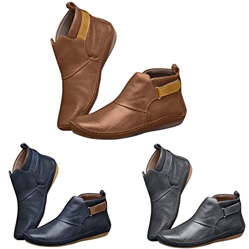 Ankle Boots for Women No Heel,2019 New Arch Support Booties Side Zip-up Vintage Leather Damping Shoes Flat Heel Booties2