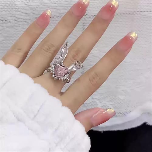 Heart-Shaped Bunny Ring for Women Pink CZ Rabbit Crystal Finger Adjustable Engagement Wedding April Birthstone Cute Rabbits Graduation Promise Ring Comfort Fit Band Fashion Jewelry for Daughters Mom2