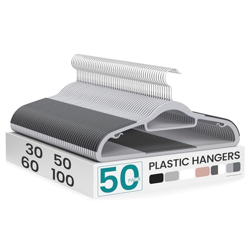 SONGMICS Pack of 50 Coat Hangers, Space-Saving Plastic Clothes Hangers, Non-Slip, 0.2 Inches Slim, 16.5 Inches Wide, 360° Swivel Silver Hook, Light Gray and Dark Gray UCRP20G50
