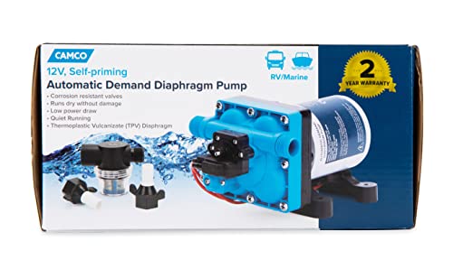 Image of Camco RV /Marine Variable Flow Automatic Demand Diaphragm Water Pump | 12 Volt DC | 3.0 GPM Flow Rate with a 55-PSI Cutoff | Measures 8-inches (L) x 5-inches (W) x 4-3 /8-inches (H) | (22491)