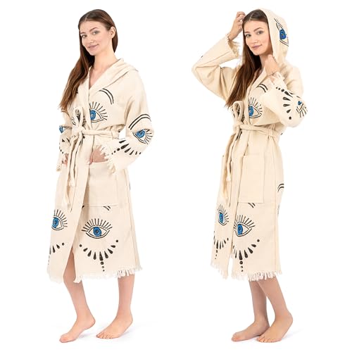 Evil Eye Kimono Handmade Hooded Boho Beachwear Cover Up Robe Kimono Bathrobe Cotton Cardigan For Spa, Gym, Pool, Beach