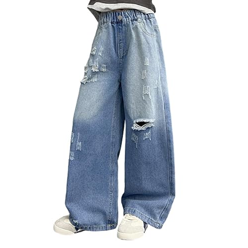 Teen Girls Baggy Ripped Jeans Little Girl Distressed Destroyed Stretchy Pull On Denim Pants Y2K Kids High Waisted Trousers