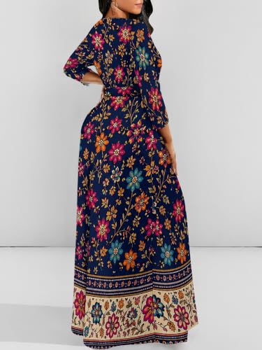 Image of Women Plus Size Long Sleeve V Neck Maxi Dress with Belt | Soft fabric relaxed fit three quarter sleeve v neck with pockets for party and daily wear