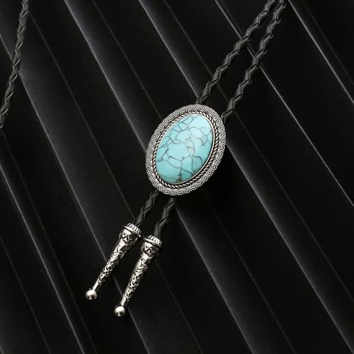 Image of AZORA Western Cowboy Bolo Tie Men Leather Necktie Leather Cord Turquoise Stone Bolo Ties for Men Women