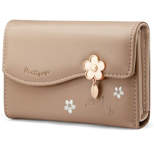 Portafoglio Donna Piccolo pelle PU Carina Sottile in formato corto con Cerniera Portamonete e Chiusura a Scatto Scomparti per Carte Multipli M-Marrone