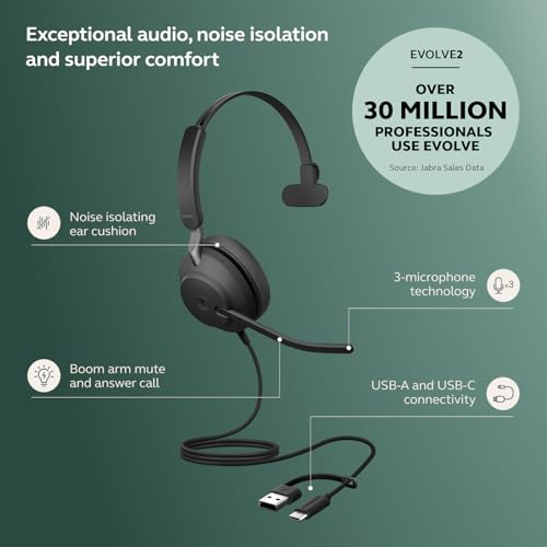 Image of Jabra Evolve2 40 SE (2026 Version) Wired Mono Noise-Cancelling Headset - Features 3-Microphone Call Technology and USB-C /A Cable - UC, All Platforms - Black