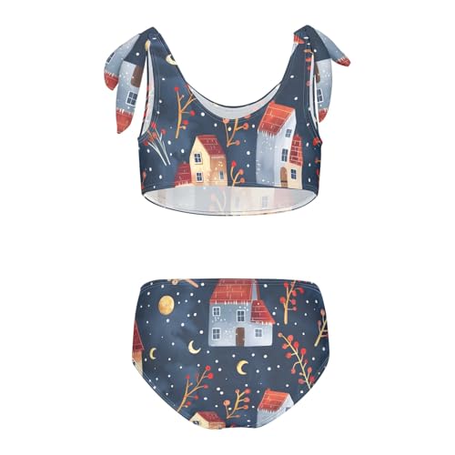 Girls' Bikini Set, Houses Barberry Branches Stars Moon Kids Swimsuit 2 Pcs Beach Bathing Suit2