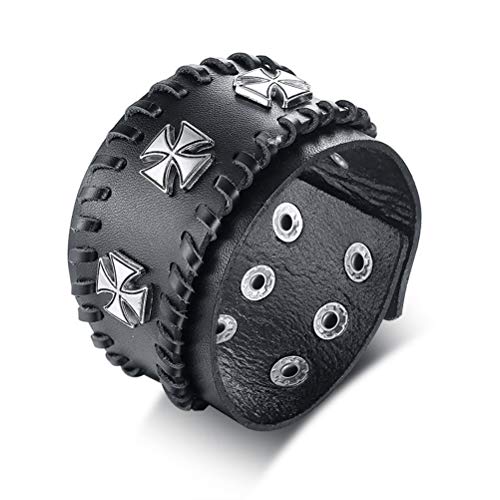 Fashion Month Men's Rock Biker Leather Bracelet Triple Iron Cross Wristband Adjustable Crucifix Male Jewelry Black