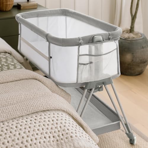 Image of Fodoss Bedside Bassinet for Baby with Wheels, All Mesh Bedside Crib with Storage Basket, Hight Adjustable and Easy Assembly