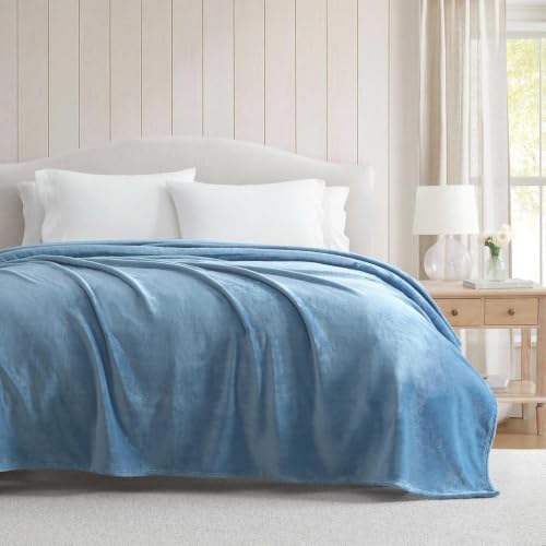 Image of Martha Stewart - King Size Blanket, Ultra-Soft Plush Fleece Throw Blanket with Double-Needle Stitching, 350 GSM, Medium Weight Bedding for Bed or Couch (Bedford Solid Blue)