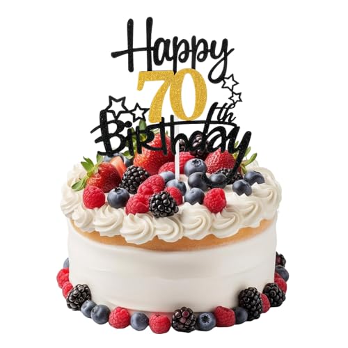 Happy 70th Birthday Cake Topper Glitter Cheers to 70 Years Cake Topper Fabulous Cake-Decoration for Happy 70th Birthday Anniversary Party Cakes Decorations Supplies (Black Gold)