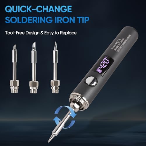 Image of Cordless Soldering Iron Kit, Rechargeable USB-C Soldering Pen with OLED Screen, Portable Battery Powered Solder Iron for Electronics Repair, Includes 3 Tips & Lead-Free Solder Wire