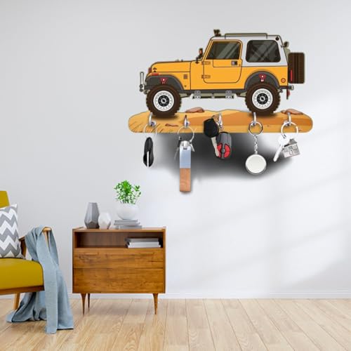 Image of Webelkart Premium HD UV Printed Mahindra Thar Car Shape Designer Wooden Key Holder Home and Office Decor (11 X 6 Inch, Wood) (Yellow)