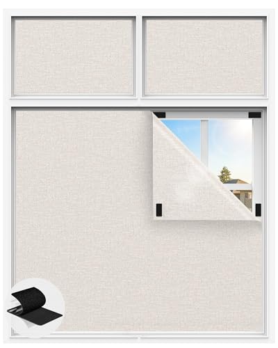 Image of Linen Blackout Curtains for Bedroom, 70 inch x 58 inch Portable Black Out Blinds with 20 Sets Hooks & Loops Strips for 100% Blackout Window Film, Temporary Black-Out Shades for Windows Cover Travel RV- Cream