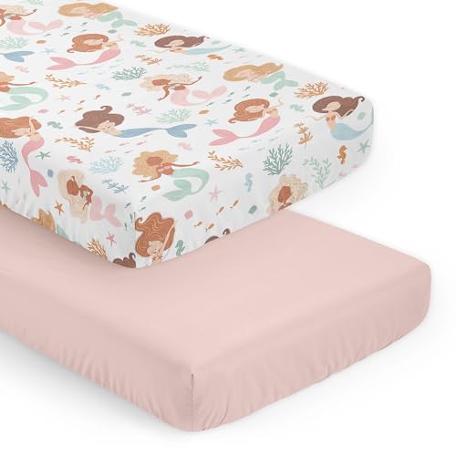 Image of Sweet Jojo Designs Ocean Mermaids Girl Baby Fitted Crib Sheet Set Infant Newborn Nursery Toddler Bed Room Standard Mattress 2p Solid Blush Pink and Teal Under The Sea Underwater Theme Fairytale Fish