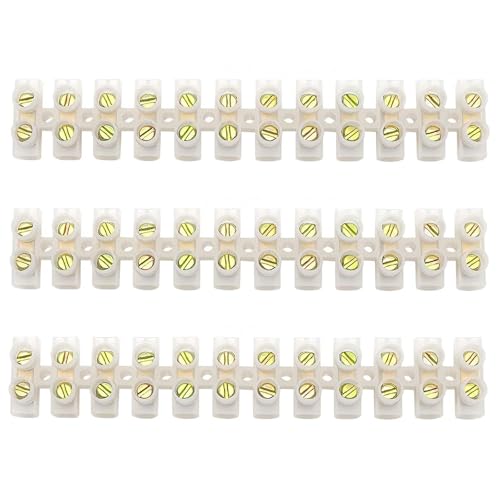 RARITYLL 3A 12-Way Terminal Block Strip, 3-Pack White Electrical Connector Blocks with Brass Inserts for Secure Wiring, Easy-Cut Chocolate Chock Blocks for Home DIY Electrical Projects