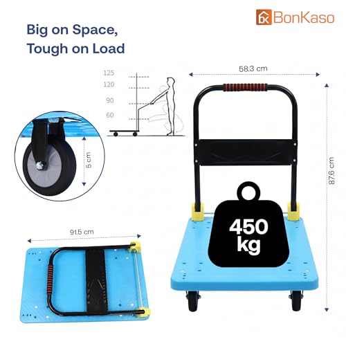Image of BonKaso 450Kg Heavy Duty Metal Platform Trolley | Foldable Hand Truck with 4 360 Rotating TPR Wheels & Cushioned Grip | Cart for Warehouse, Office & Home (91.5 x 58.3 cm) Blue