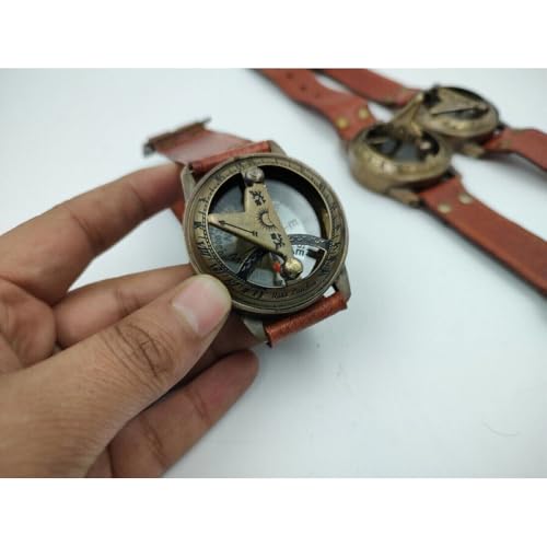 Reloj brújula náutica de latón con banda de cuero marrón, brújula de reloj de sol antigua, brújula artesanal para camping miniatura 4